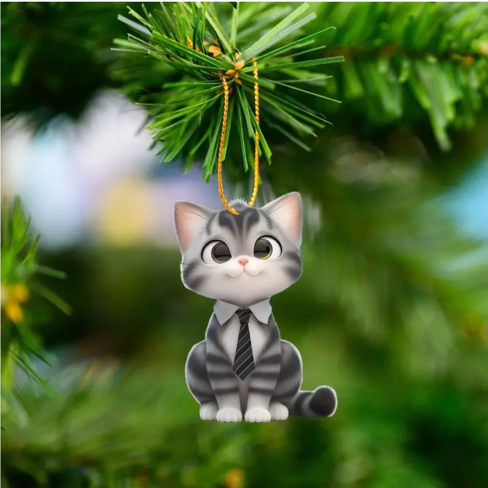 Handsome Boy Gray Tiger Cat Dressed Up w Black Tie 2D Acrylic Ornament -Gift Tag